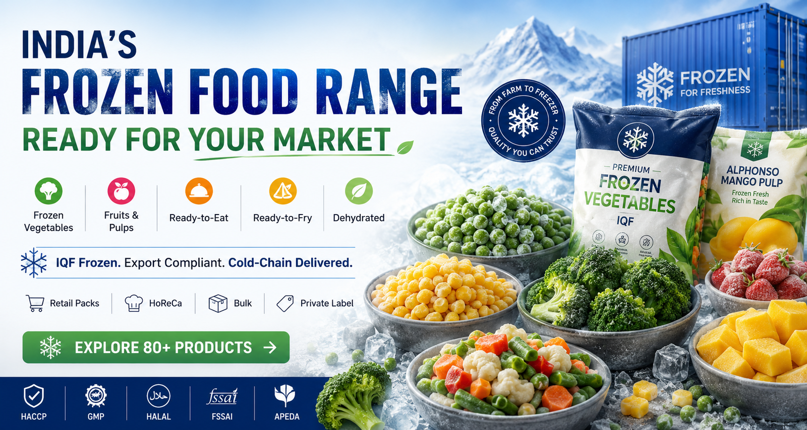 India's export-ready frozen food range including vegetables, fruits, pulps, ready foods, and dehydrated products