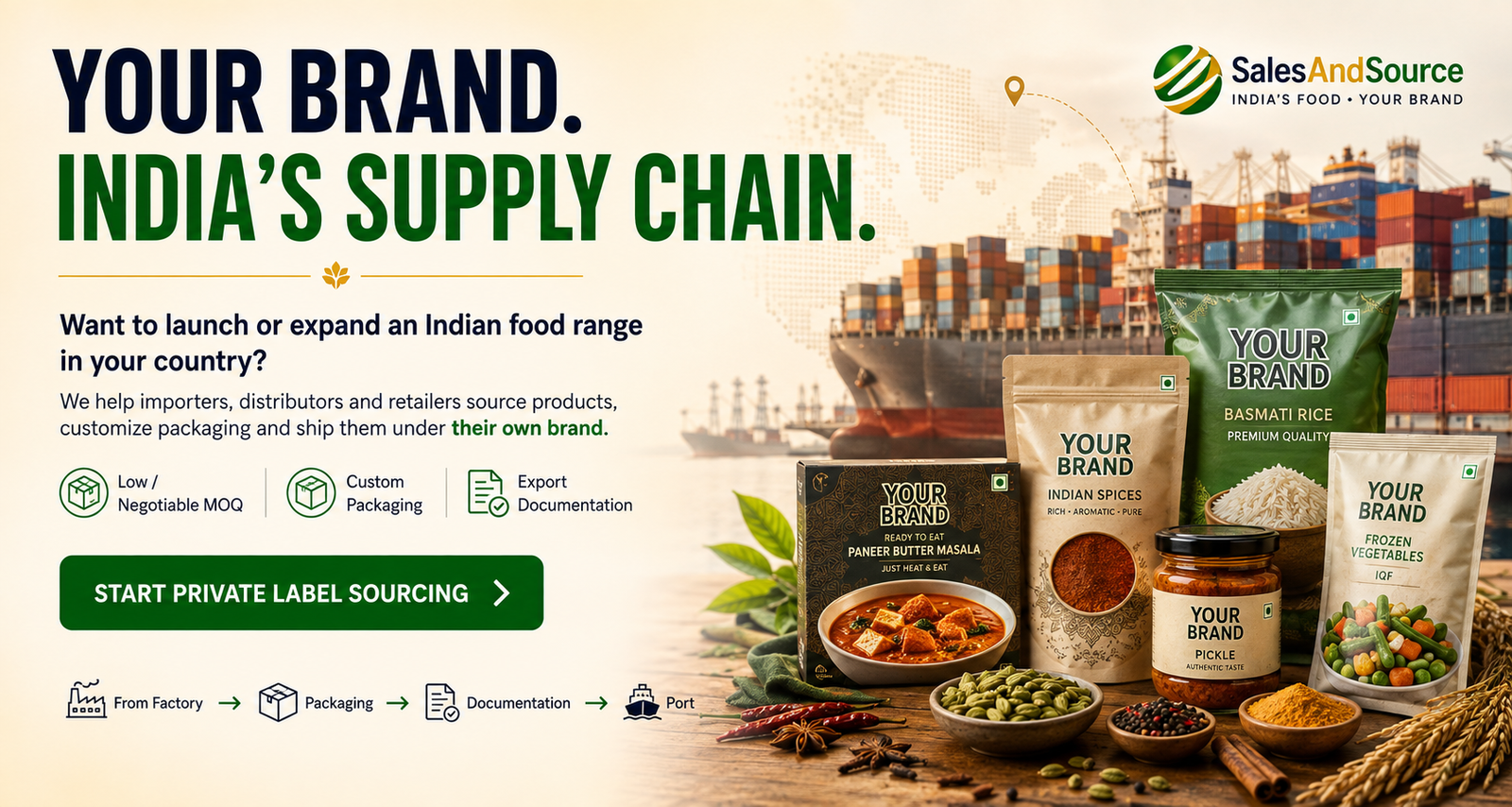 Private-label Indian food sourcing, custom packaging, and export documentation