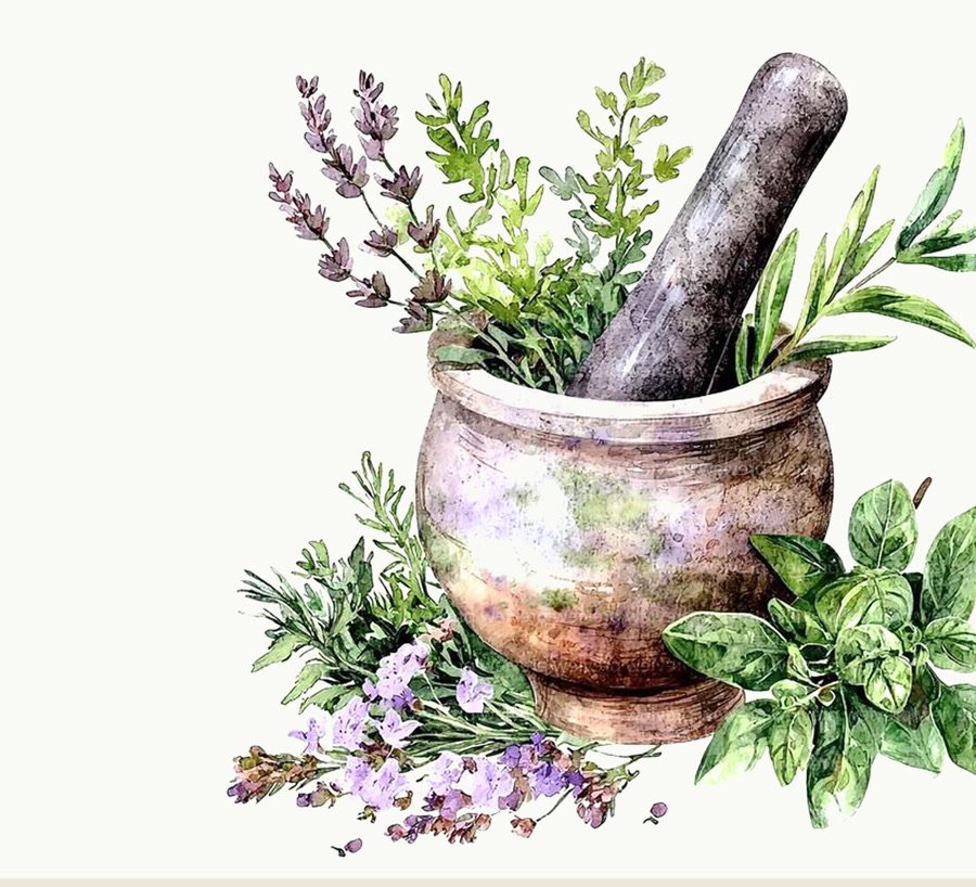 Traditional herbal mortar surrounded by botanicals